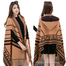 Mais recente 2017 Moda Feminina Xadrez de Inverno poncho wrap atacado viscose com capuz xale pashmina